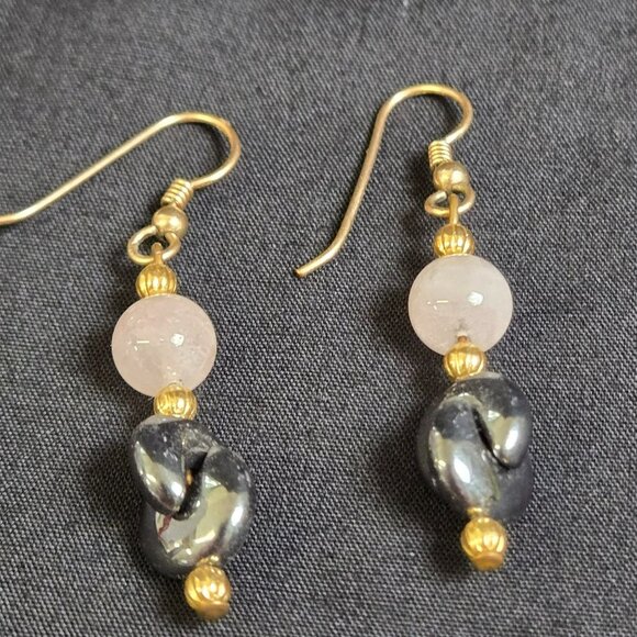 Rose Quartz & Hematite Beaded Earrings Gold Tone Dangle Natural Stone 2" Long - Picture 4 of 6